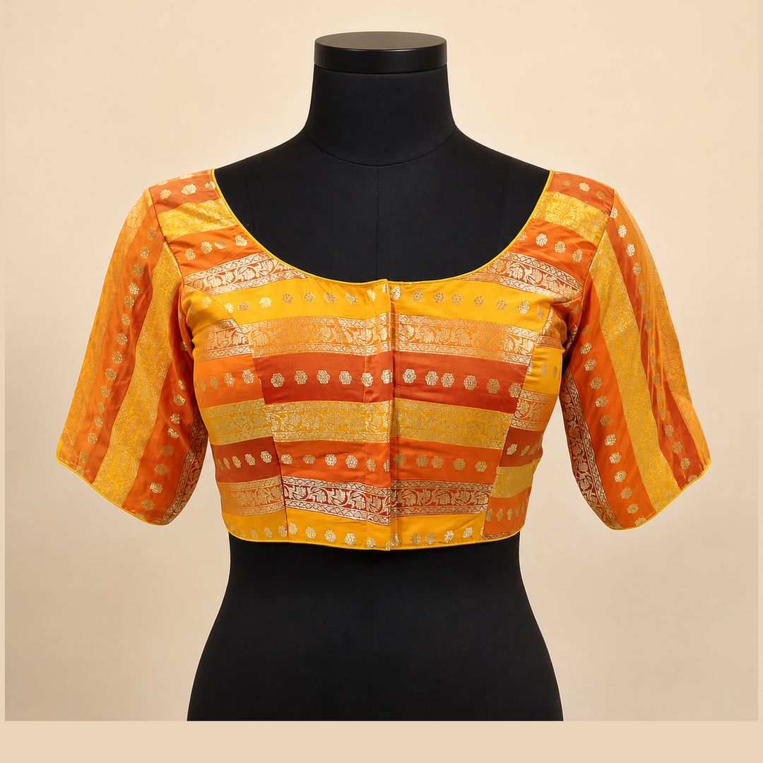 Orange Banarasi Silk Printed | Elbow Sleeve Saree Blouse