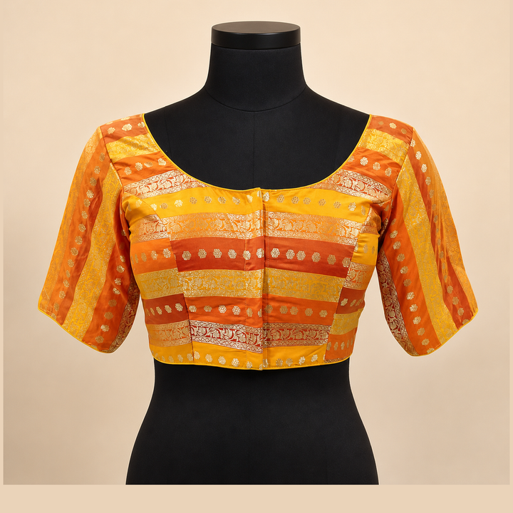 Orange Banarasi Silk Printed | Elbow Sleeve Saree Blouse