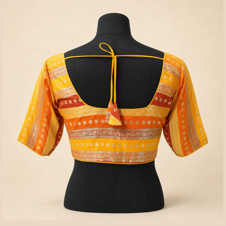 Orange Banarasi Silk Printed | Elbow Sleeve Saree Blouse