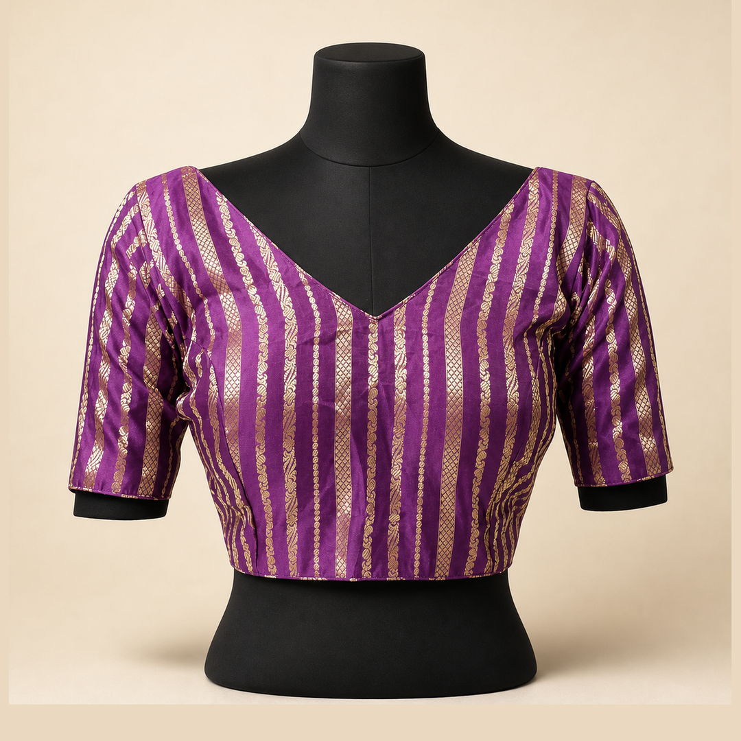 Purple Banarasi Silk Striped | Elbow Sleeve Saree Blouse
