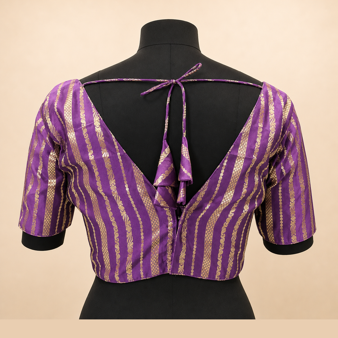 Purple Banarasi Silk Striped | Elbow Sleeve Saree Blouse