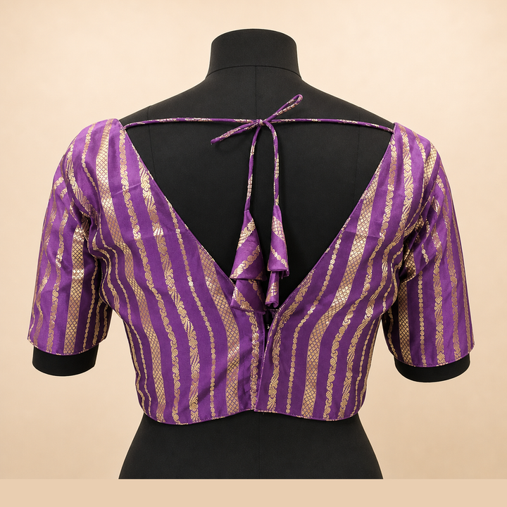 Purple Banarasi Silk Striped | Elbow Sleeve Saree Blouse