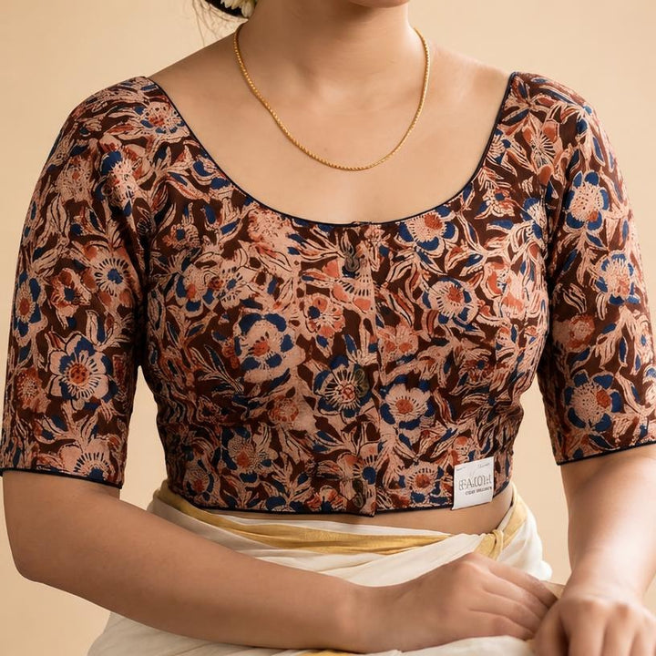 Mrinmayi brown Kalamkari StretchFit blouse, U neck