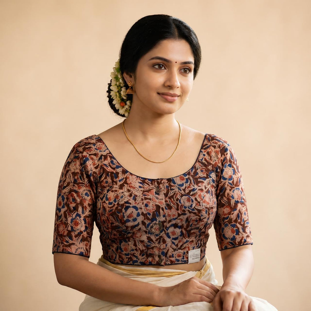 Mrinmayi brown Kalamkari StretchFit blouse, U neck
