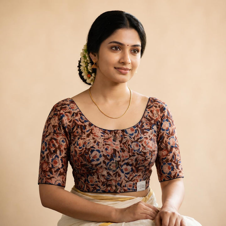 Mrinmayi brown Kalamkari StretchFit blouse, U neck