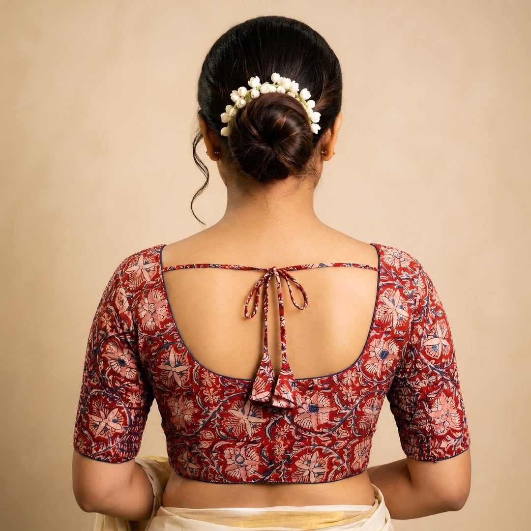 Chembarathi red Kalamkari StretchFit blouse, U neck – back view