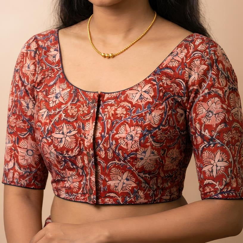 Chembarathi red Kalamkari StretchFit blouse, U neck