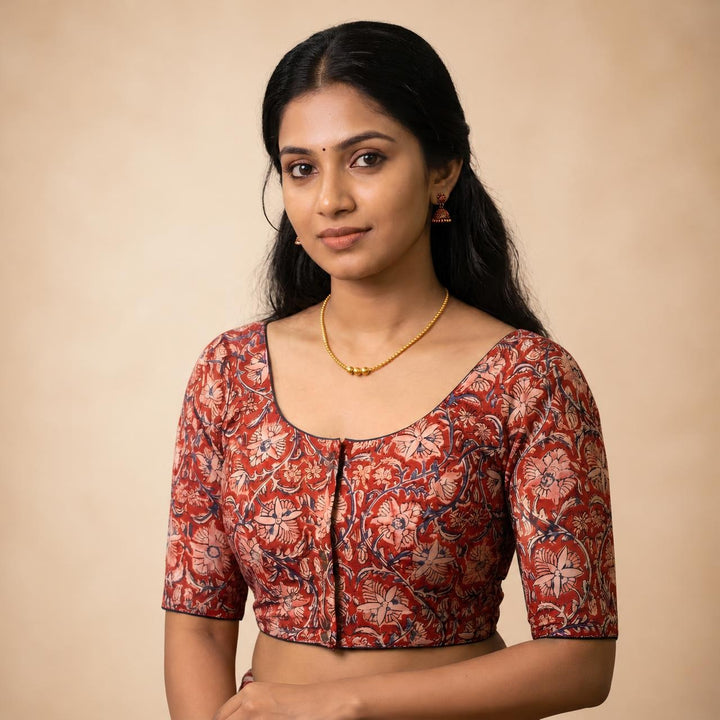 Chembarathi red Kalamkari StretchFit blouse, U neck
