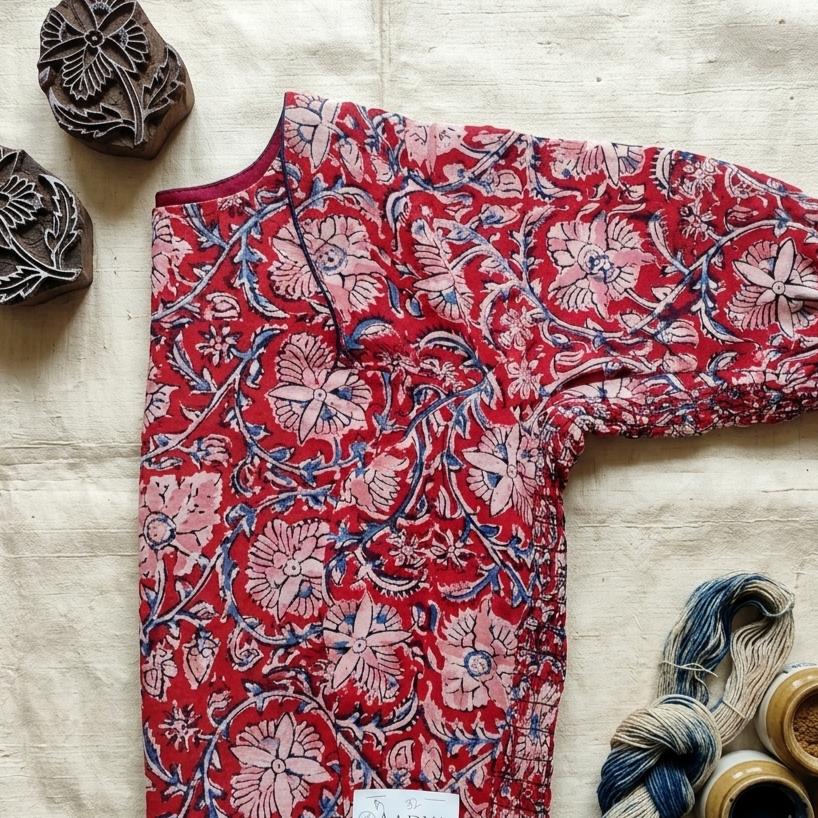 Chembarathi red Kalamkari StretchFit blouse, U neck