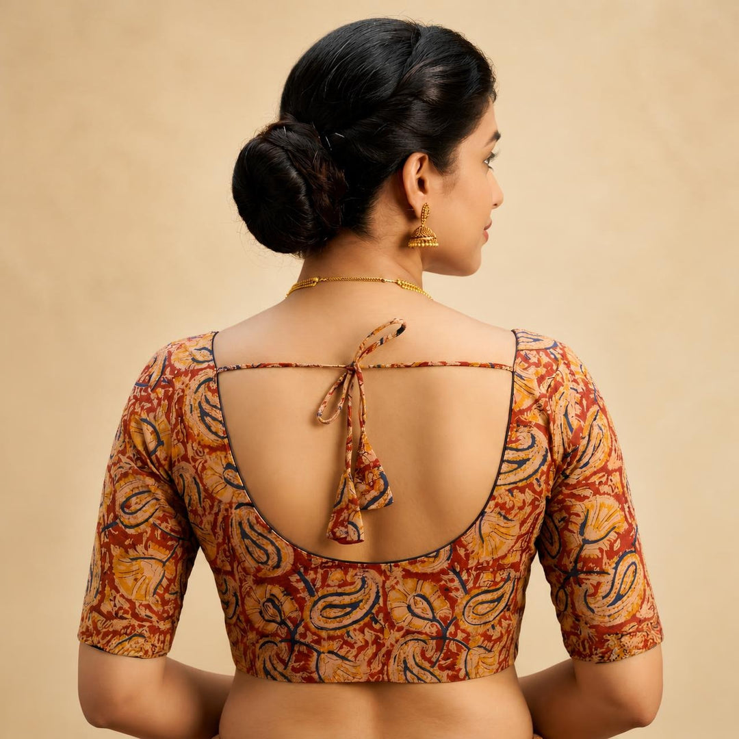 Arunima maroon Kalamkari StretchFit blouse, U neck – back view
