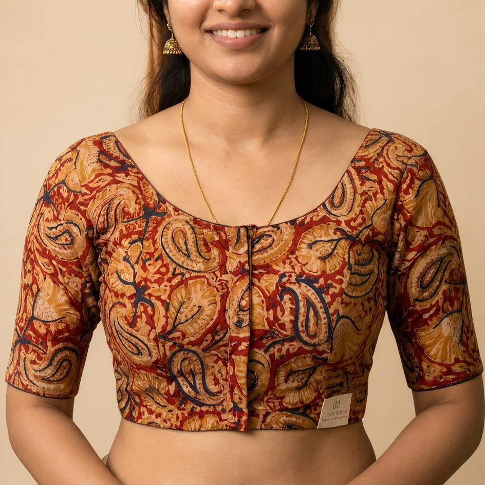 Arunima maroon Kalamkari StretchFit blouse, U neck