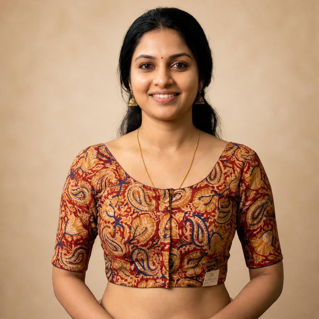 Arunima maroon Kalamkari StretchFit blouse, U neck