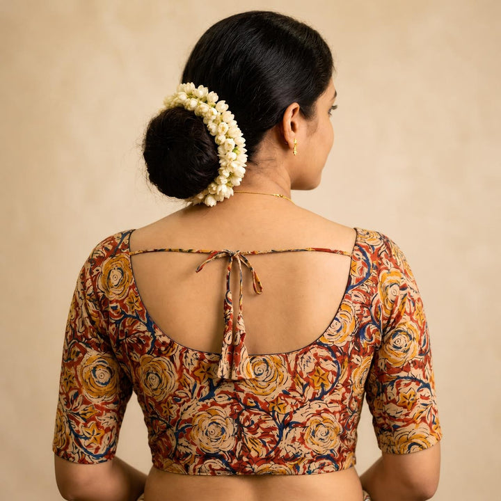 Gulmeher maroon Kalamkari cotton StretchFit blouse, U neck – back view