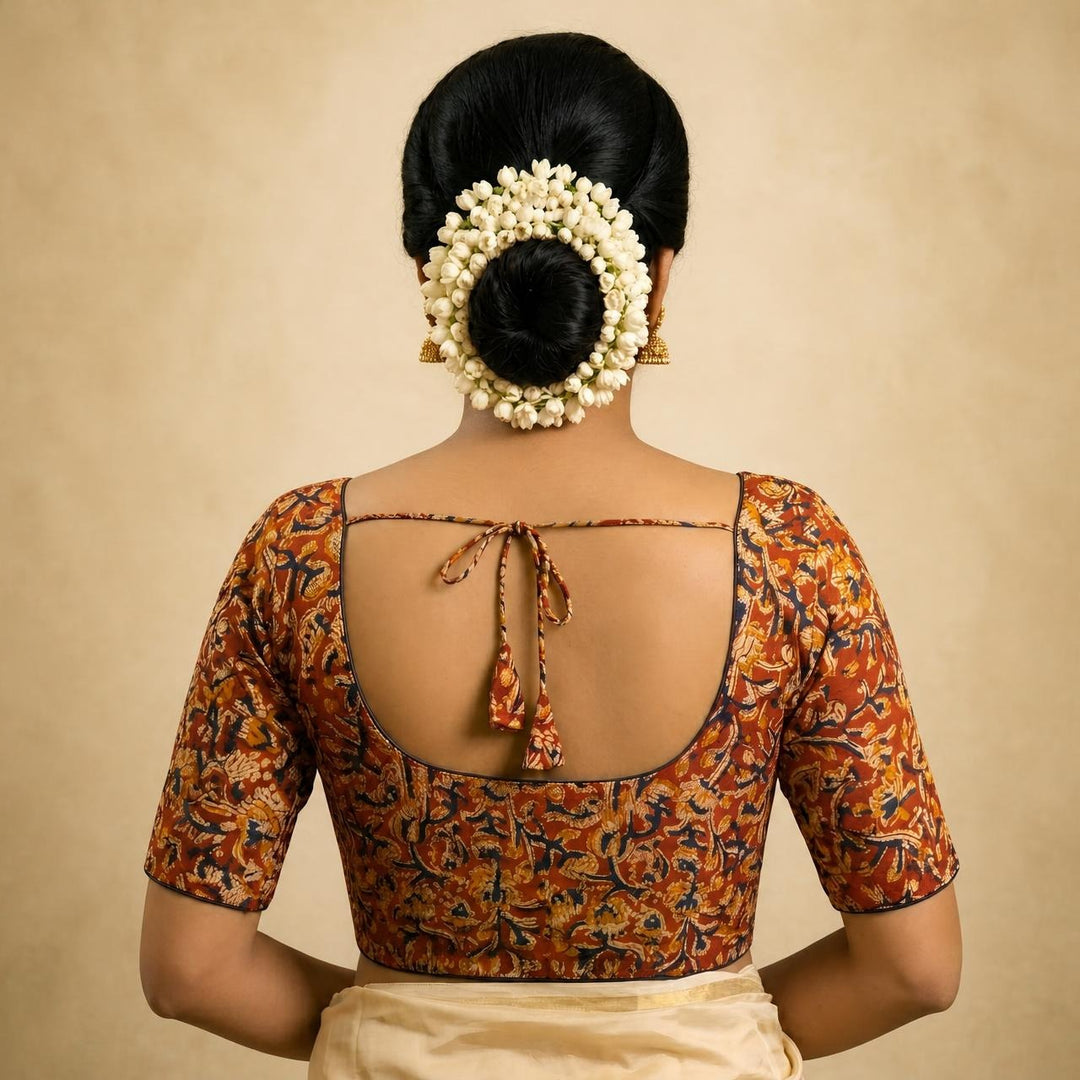 Kesarini rust Kalamkari cotton StretchFit blouse, U neck – back view