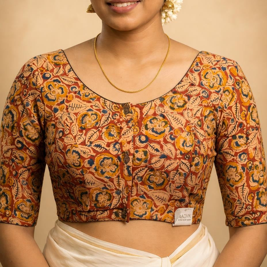 Kesarini rust Kalamkari cotton StretchFit blouse, U neck – close-up