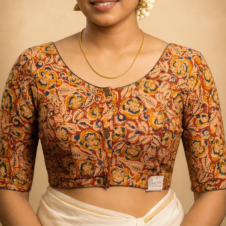 Kesarini rust Kalamkari cotton StretchFit blouse, U neck – close-up
