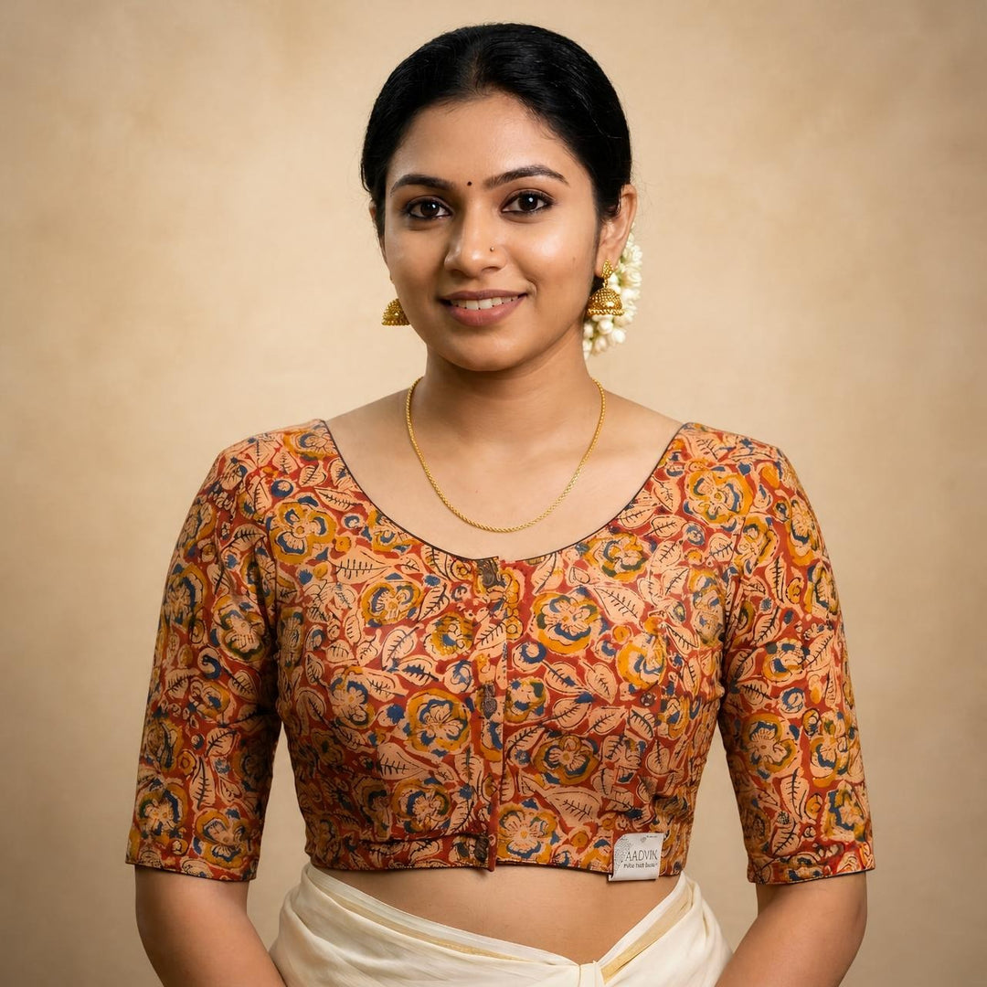 Kesarini rust Kalamkari cotton StretchFit blouse, U neck