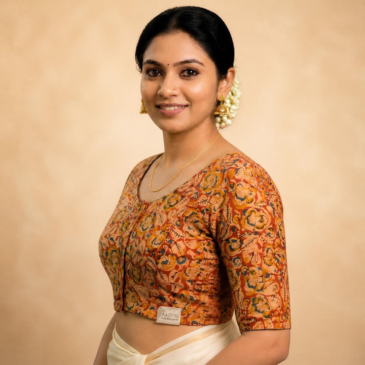 Kesarini rust Kalamkari cotton StretchFit blouse, U neck – side view