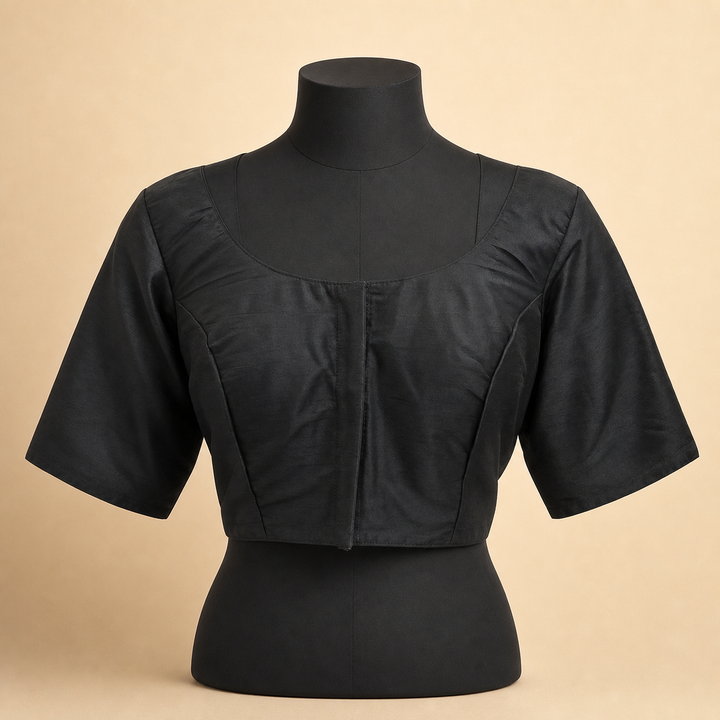 Black Raw Silk Plain | Elbow Sleeve Saree Blouse