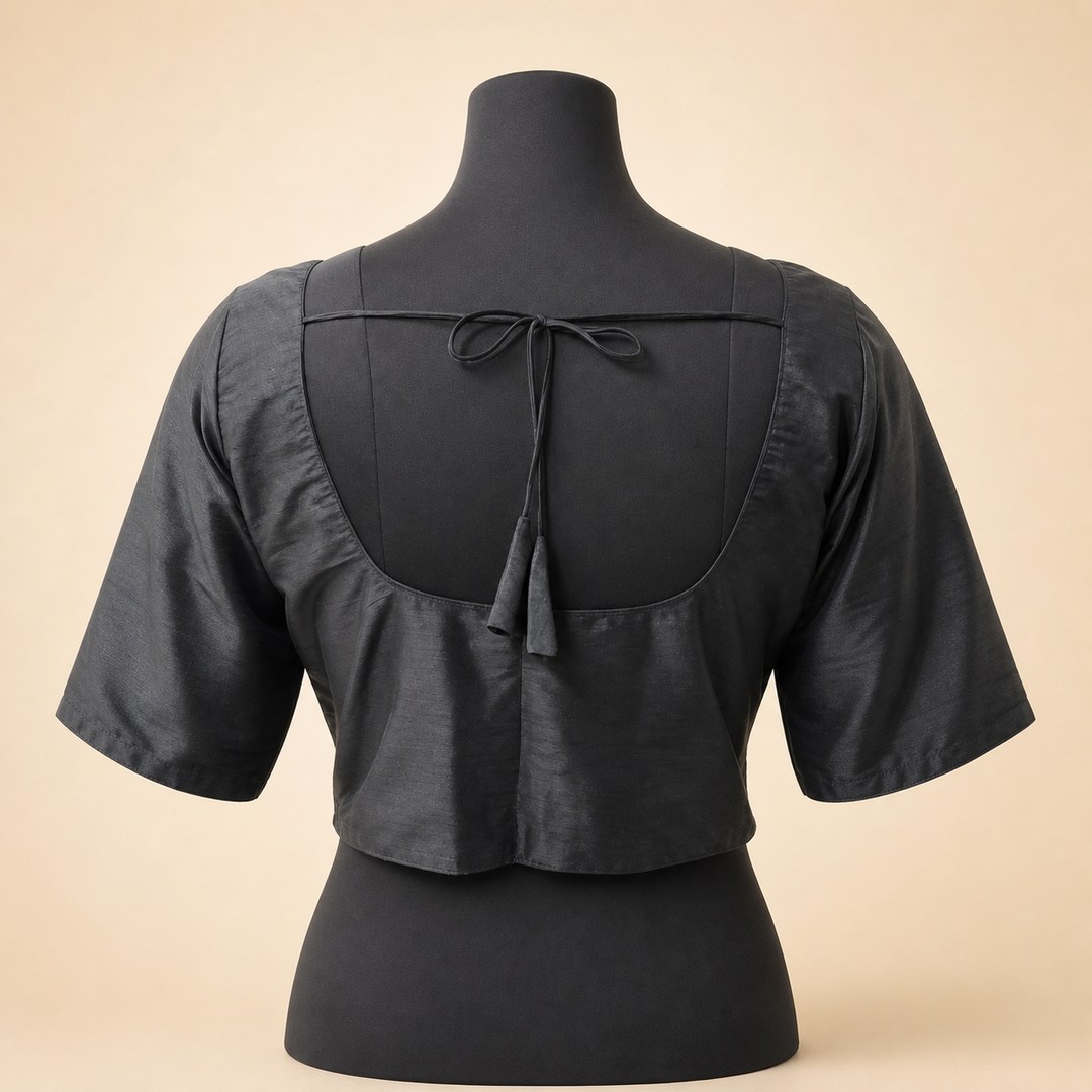 Black Raw Silk Plain | Elbow Sleeve Saree Blouse