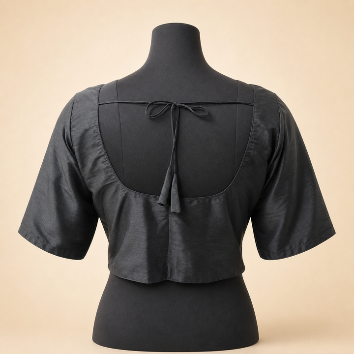 Black Raw Silk Plain | Elbow Sleeve Saree Blouse