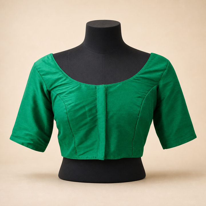 Green Raw Silk Plain | Elbow Sleeve Saree Blouse