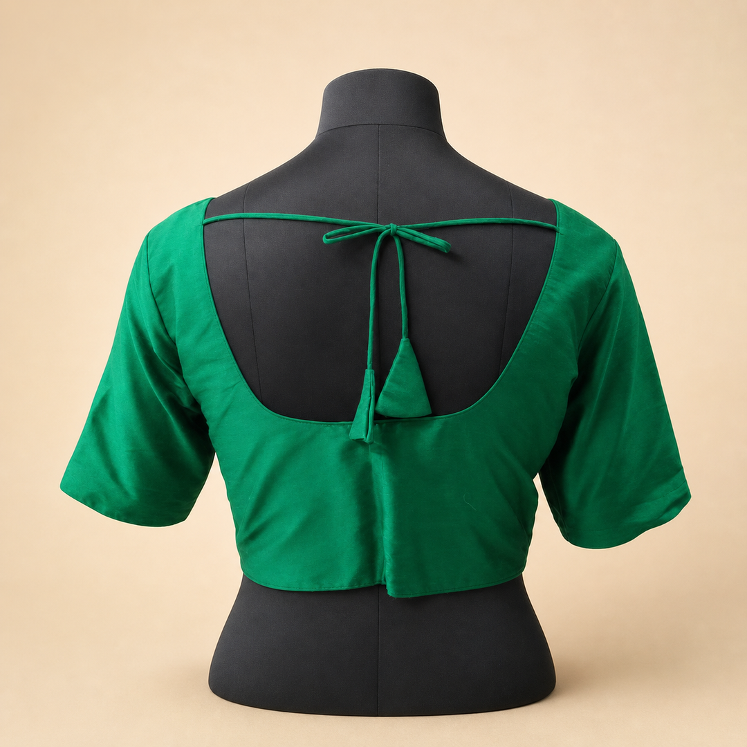 Green Raw Silk Plain | Elbow Sleeve Saree Blouse