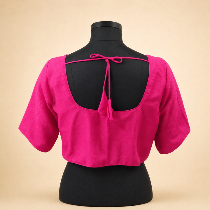 Pink Raw Silk Plain | Elbow Sleeve Saree Blouse