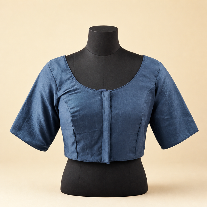 Blue Raw Silk Plain | Elbow Sleeve Saree Blouse