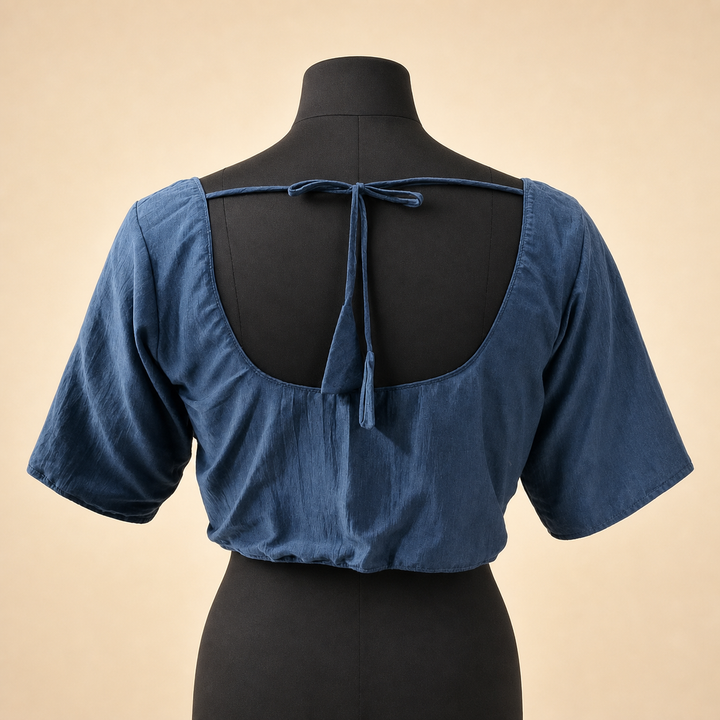Blue Raw Silk Plain | Elbow Sleeve Saree Blouse