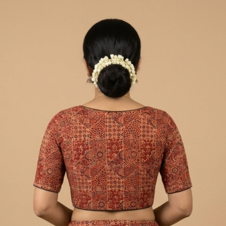 Gerua rust Ajrakh cotton StretchFit blouse, V neck – back view