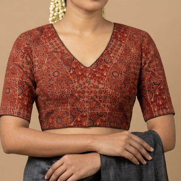 Gerua rust Ajrakh cotton StretchFit blouse, V neck – close-up