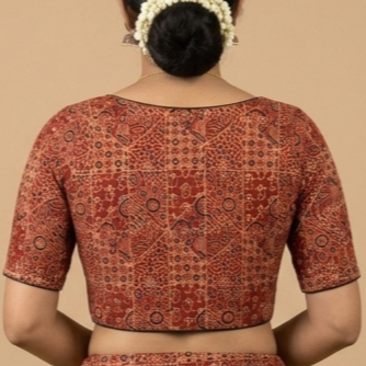 Gerua rust Ajrakh cotton StretchFit blouse, V neck – close-up