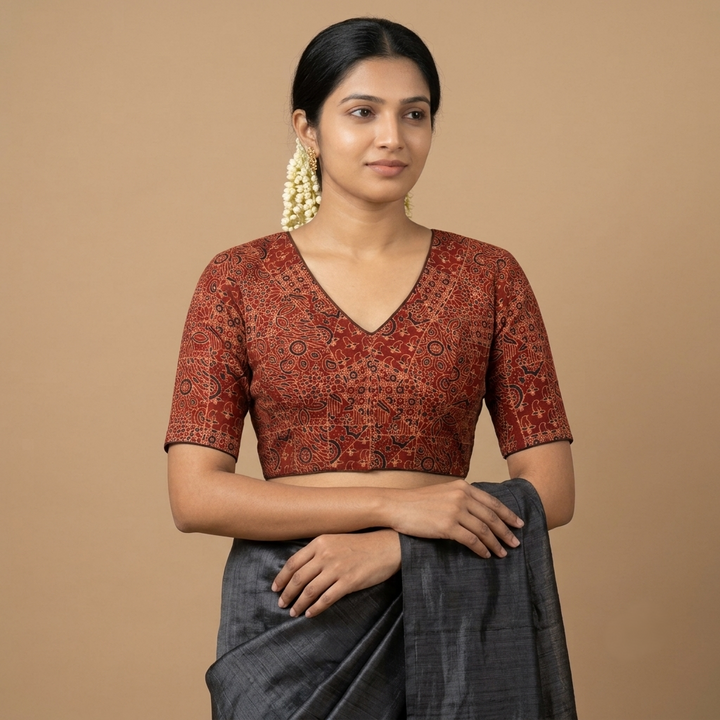 Gerua rust Ajrakh cotton StretchFit blouse, V neck