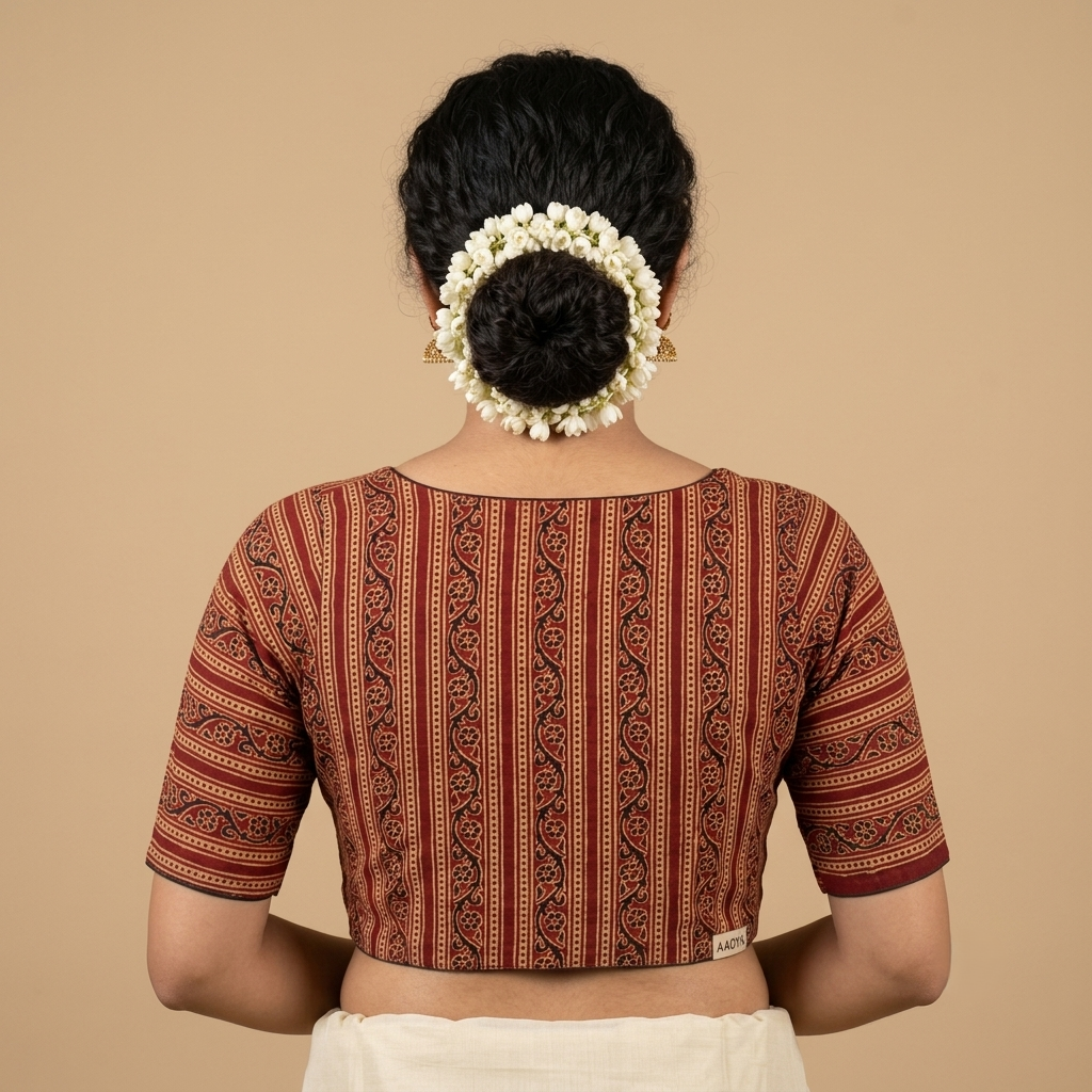 Tamrika rust Ajrakh cotton StretchFit blouse, V neck – back view