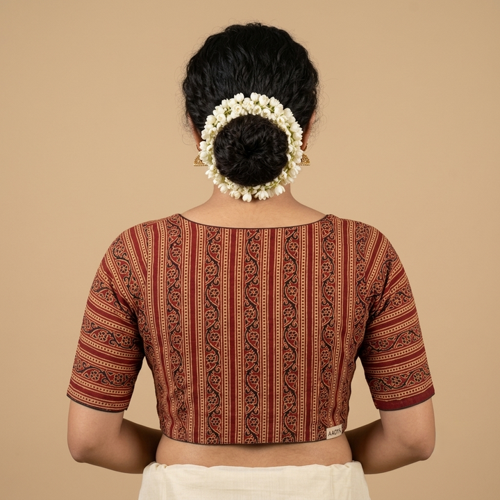 Tamrika rust Ajrakh cotton StretchFit blouse, V neck – back view