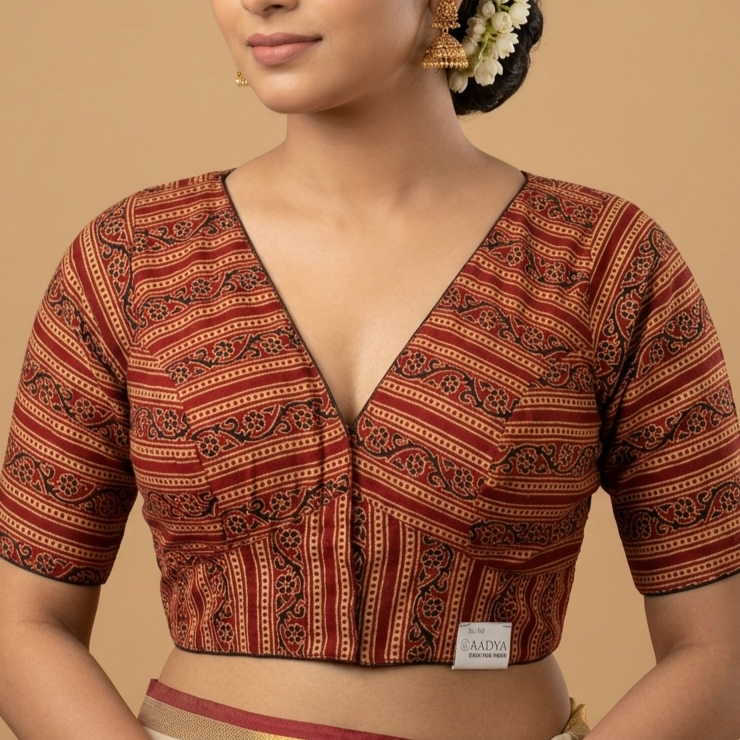 Tamrika rust Ajrakh cotton StretchFit blouse, V neck – close-up
