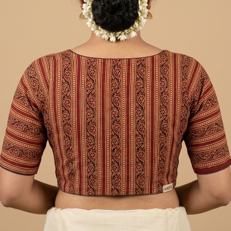 Tamrika rust Ajrakh cotton StretchFit blouse, V neck – close-up