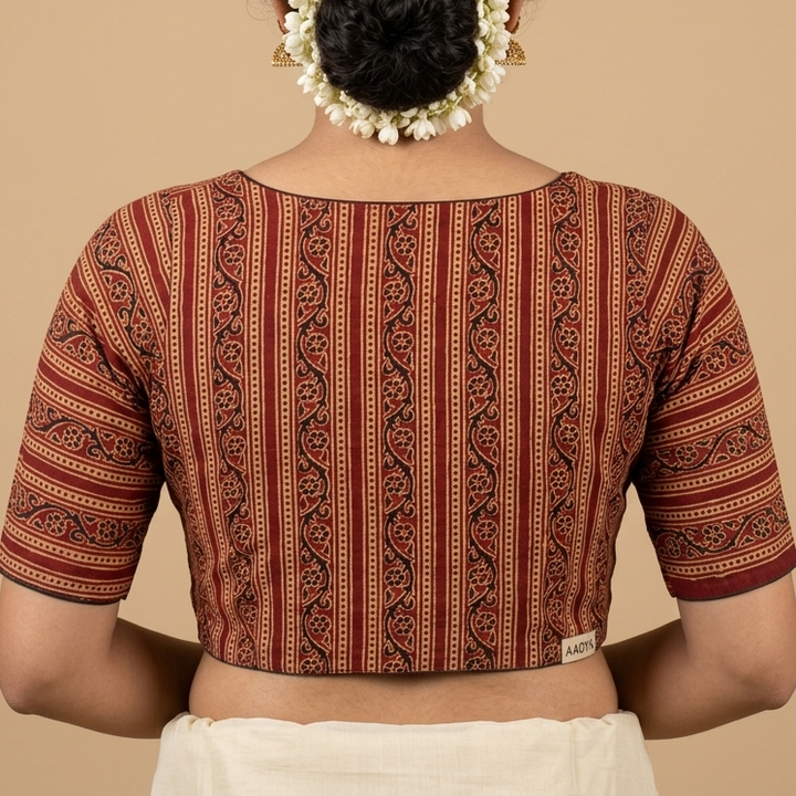 Tamrika rust Ajrakh cotton StretchFit blouse, V neck – close-up
