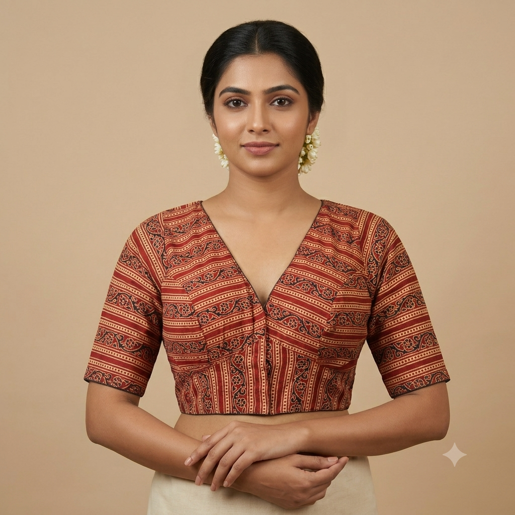 Tamrika rust Ajrakh cotton StretchFit blouse, V neck