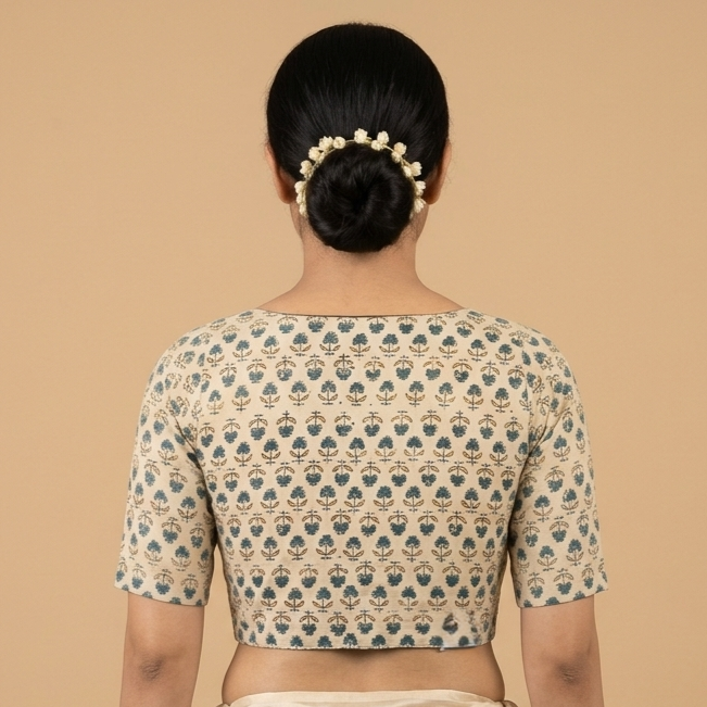 Mallika cream Ajrakh cotton StretchFit blouse, V neck – back view
