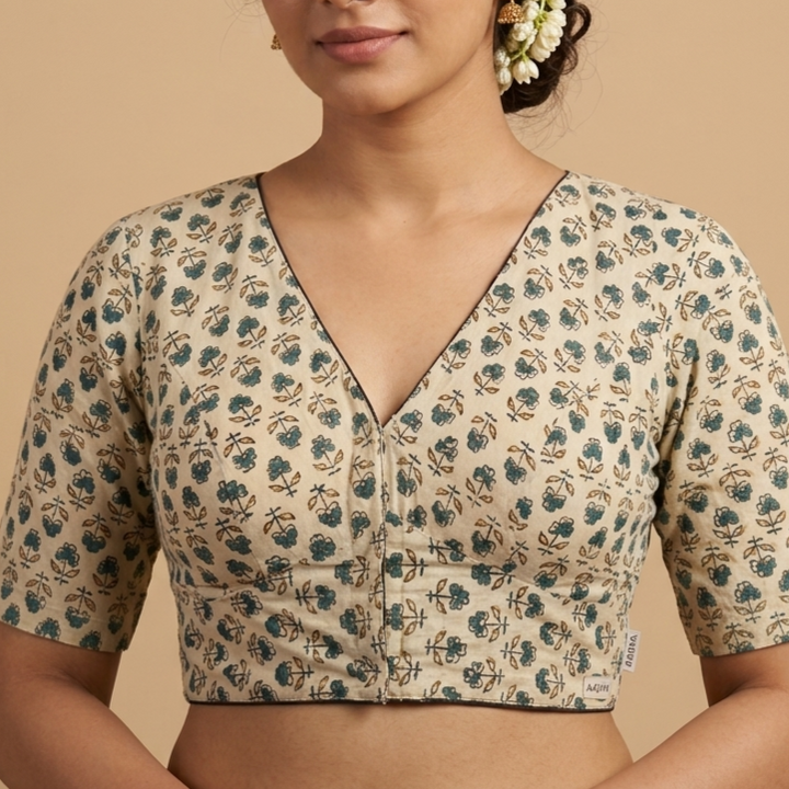Mallika cream Ajrakh cotton StretchFit blouse, V neck – close-up