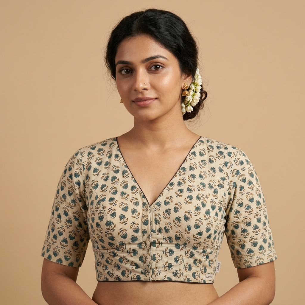 Mallika cream Ajrakh cotton StretchFit blouse, V neck