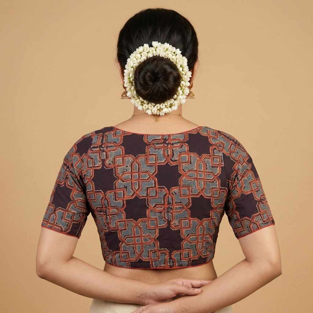 Tarakini black Ajrakh cotton StretchFit blouse, V neck – back view