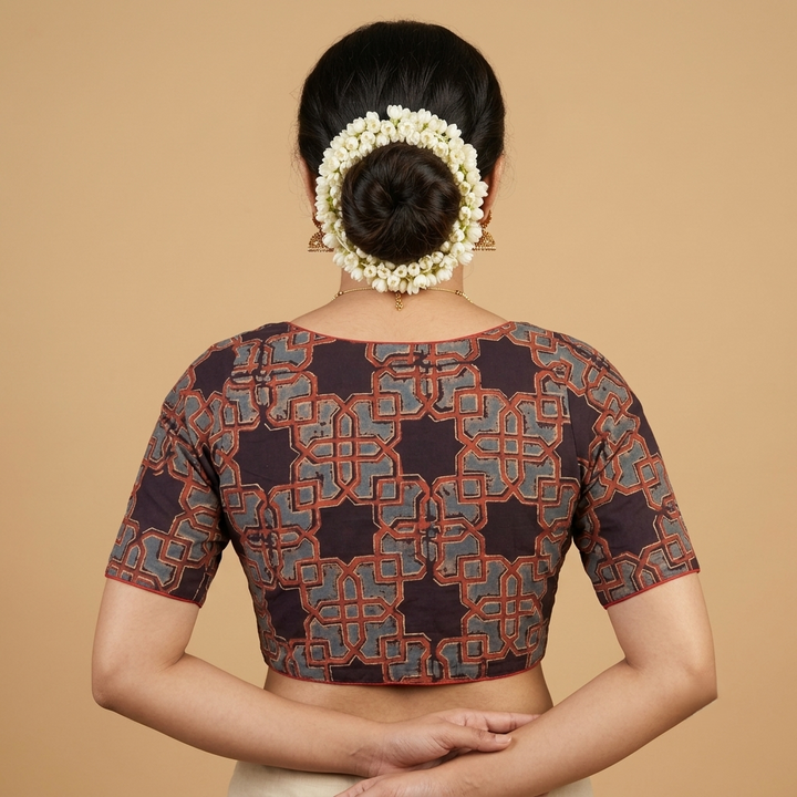 Tarakini black Ajrakh cotton StretchFit blouse, V neck – back view