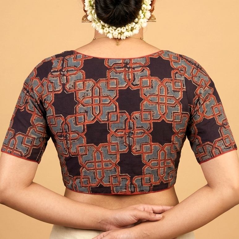 Tarakini black Ajrakh cotton StretchFit blouse, V neck – close-up
