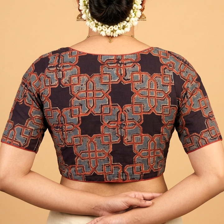 Tarakini black Ajrakh cotton StretchFit blouse, V neck – close-up