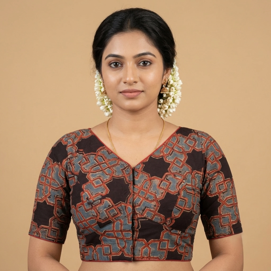 Tarakini black Ajrakh cotton StretchFit blouse, V neck