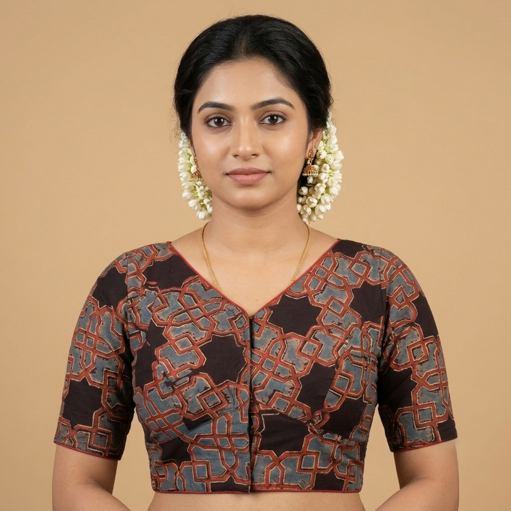 Tarakini black Ajrakh cotton StretchFit blouse, V neck