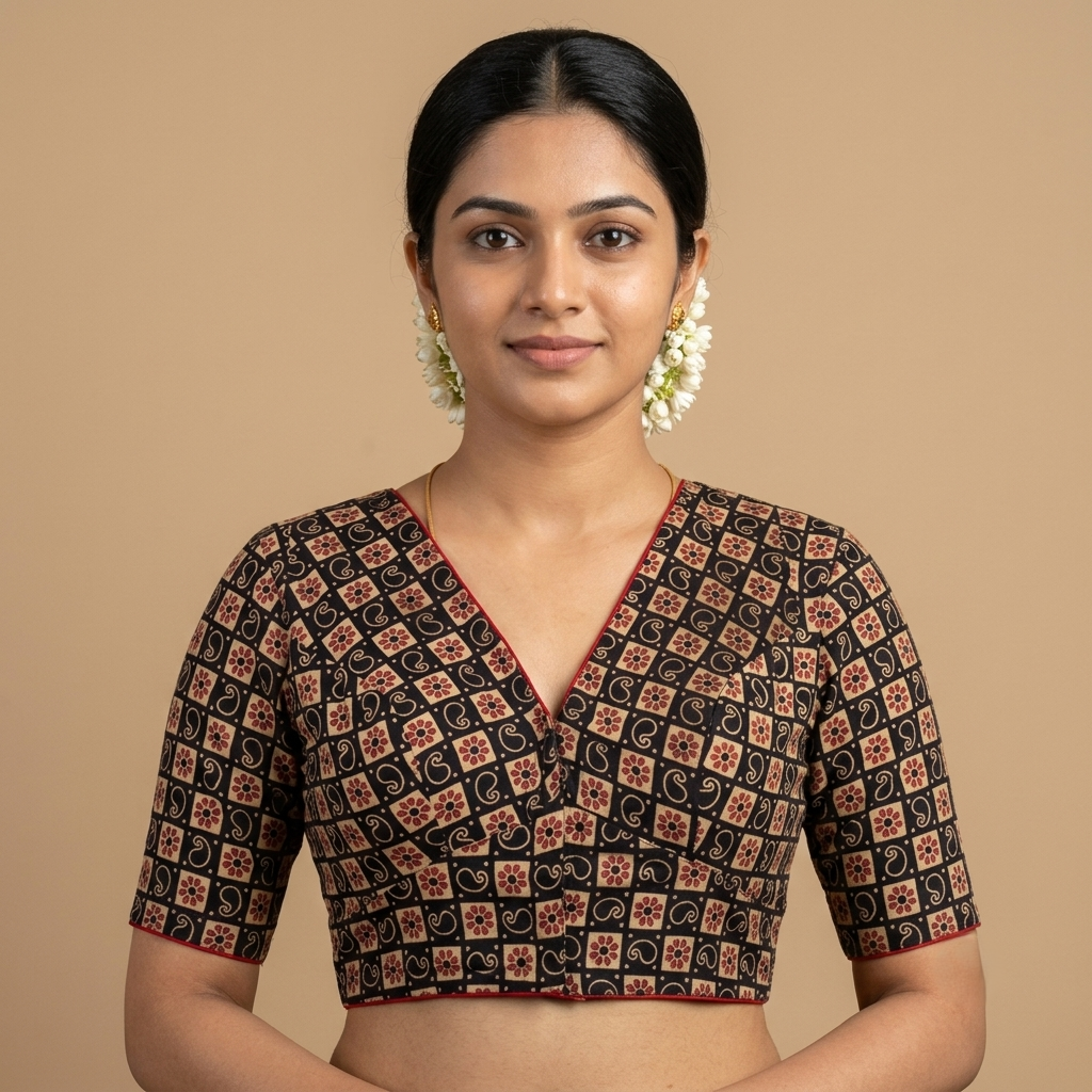 Shyamala black Ajrakh cotton StretchFit blouse, V neck